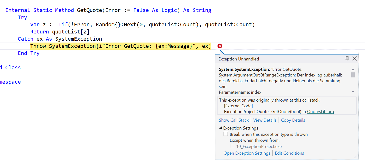 Alt An unhandled exception happens inside Visual Studio