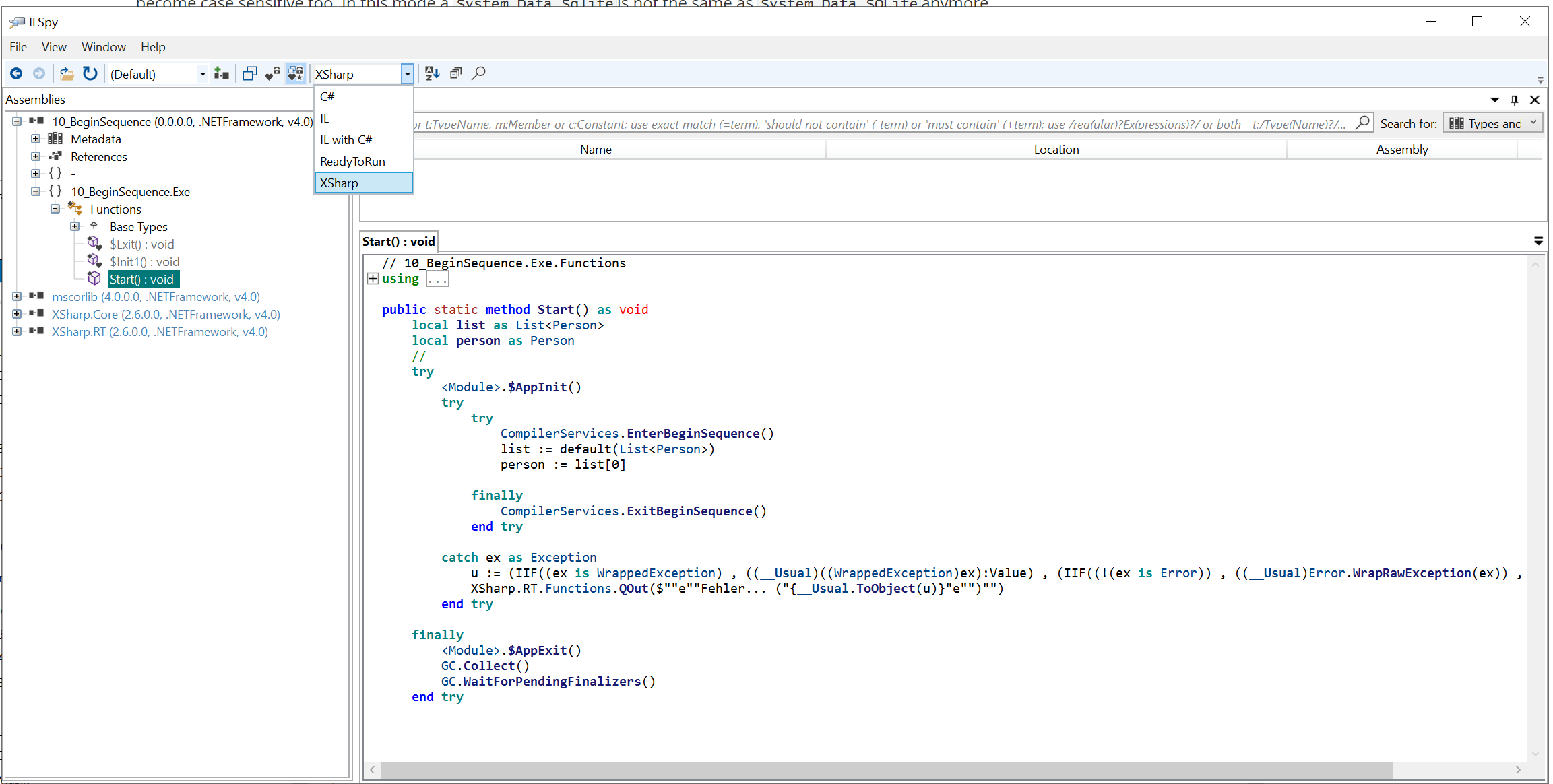 ALT ILSpy disassembles ILCode to either C# or XSharp