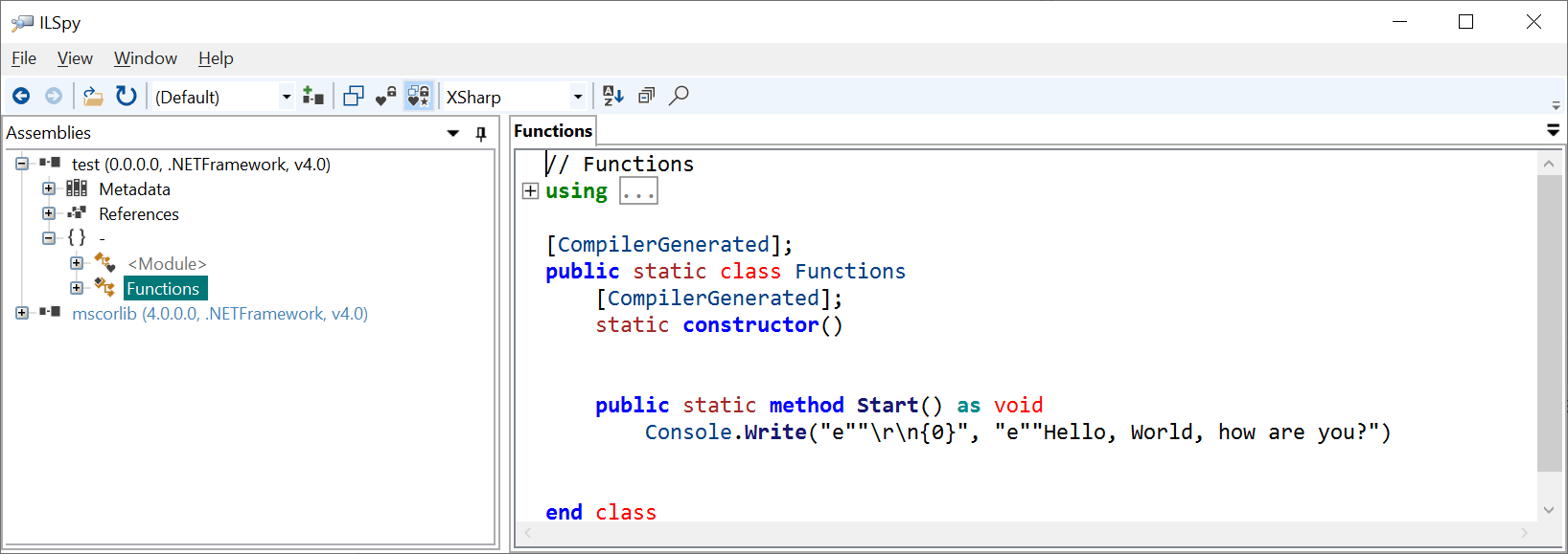 Alt ILSpy shows the reassembled IL code of the Hello,World programm