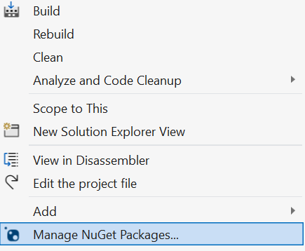 Alt Manage Nuget Packages in the Solution Explorer