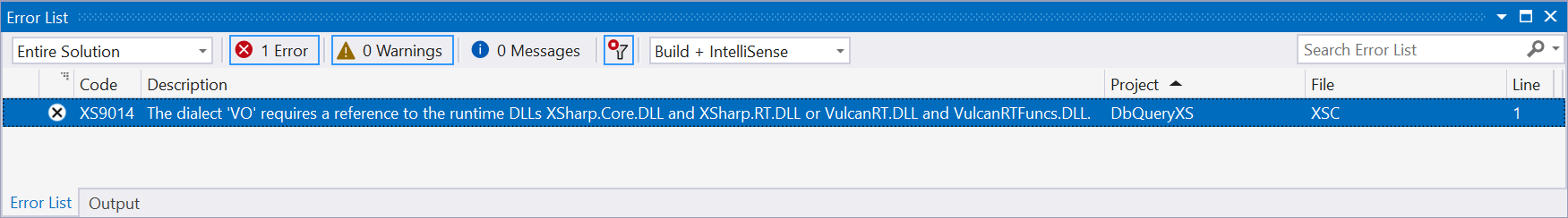 Alt When switching to the VO dialect a reference to two X# assemblies is necessary