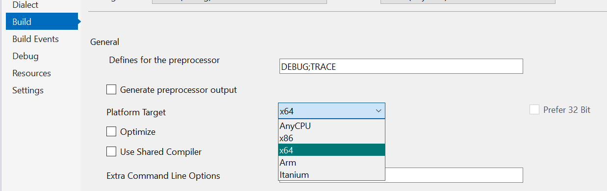 Alt Setting the target platform in the project settings