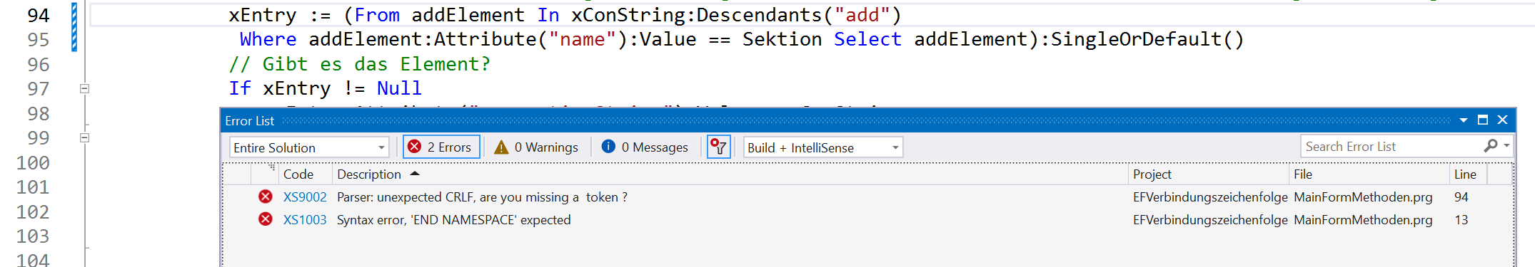 Alt A missing line continuation character leads to several errors